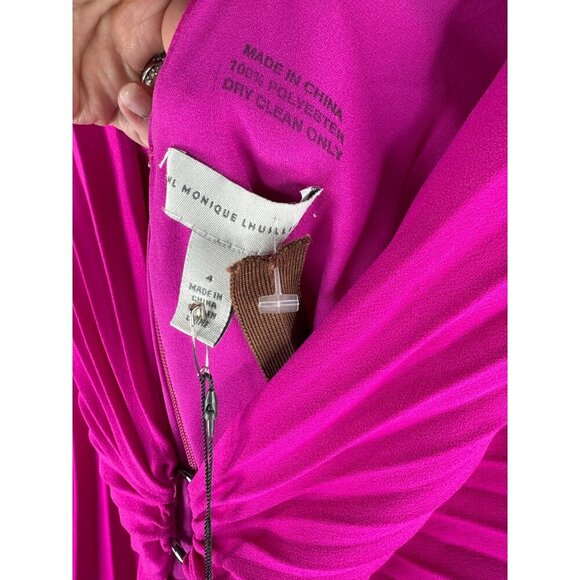 NWT Monique Lhuillier Pleated Crepe Magenta Mini Dress Size 4 Plunge V-neck - Picture 7 of 7